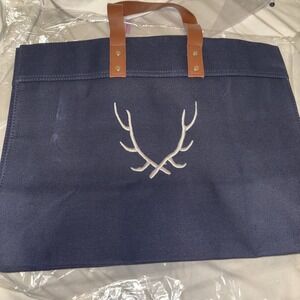 Ballard Designs Stag‎ Antler Navy Blue Canvas Bag Purse Tote New Medium